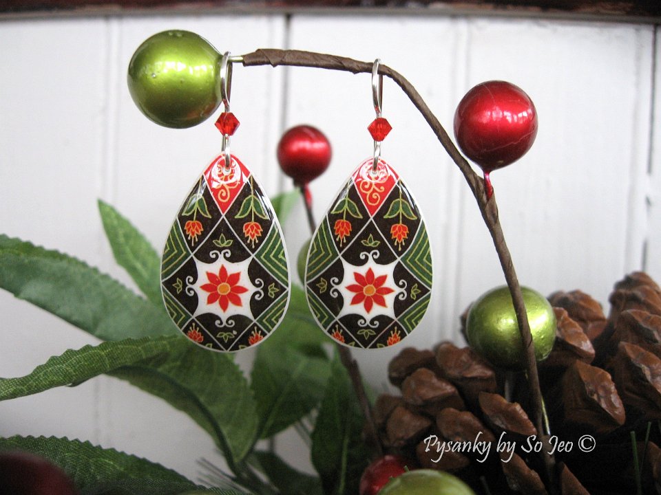 Green Fall Florals Earrings Pysanky Jewelry by So Jeo